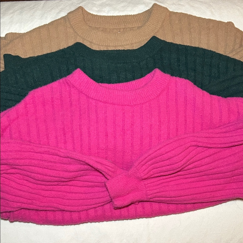 Aerie Ribbed Sweater Trio in Pink, Green, and Tan